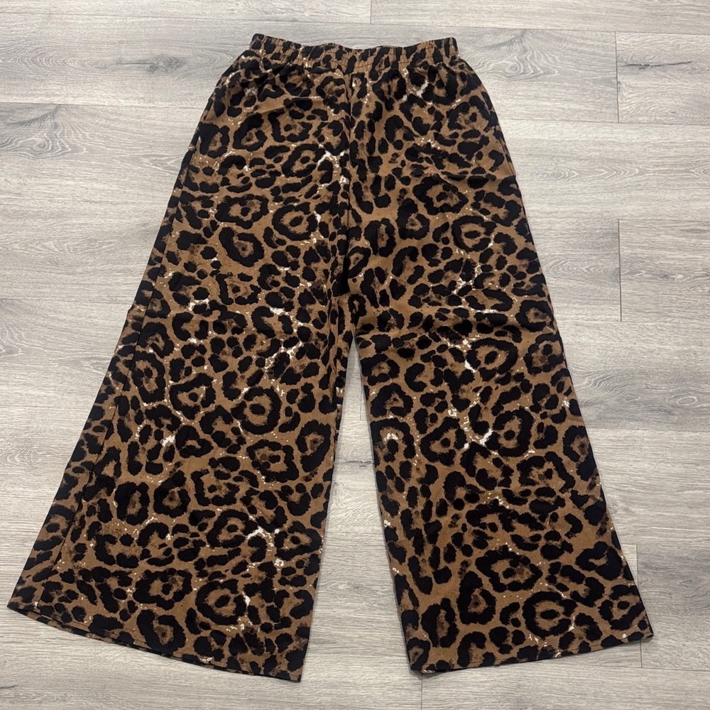 Leopard Brown Black Animal Print High Waisted Wide Leg Women’s Pants Large - Picture 6 of 14